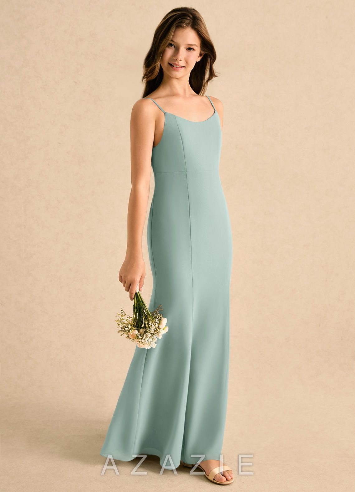 Azazie Kennie Girls Formal Agave Mermaid Pleated Chiffon Dress agave