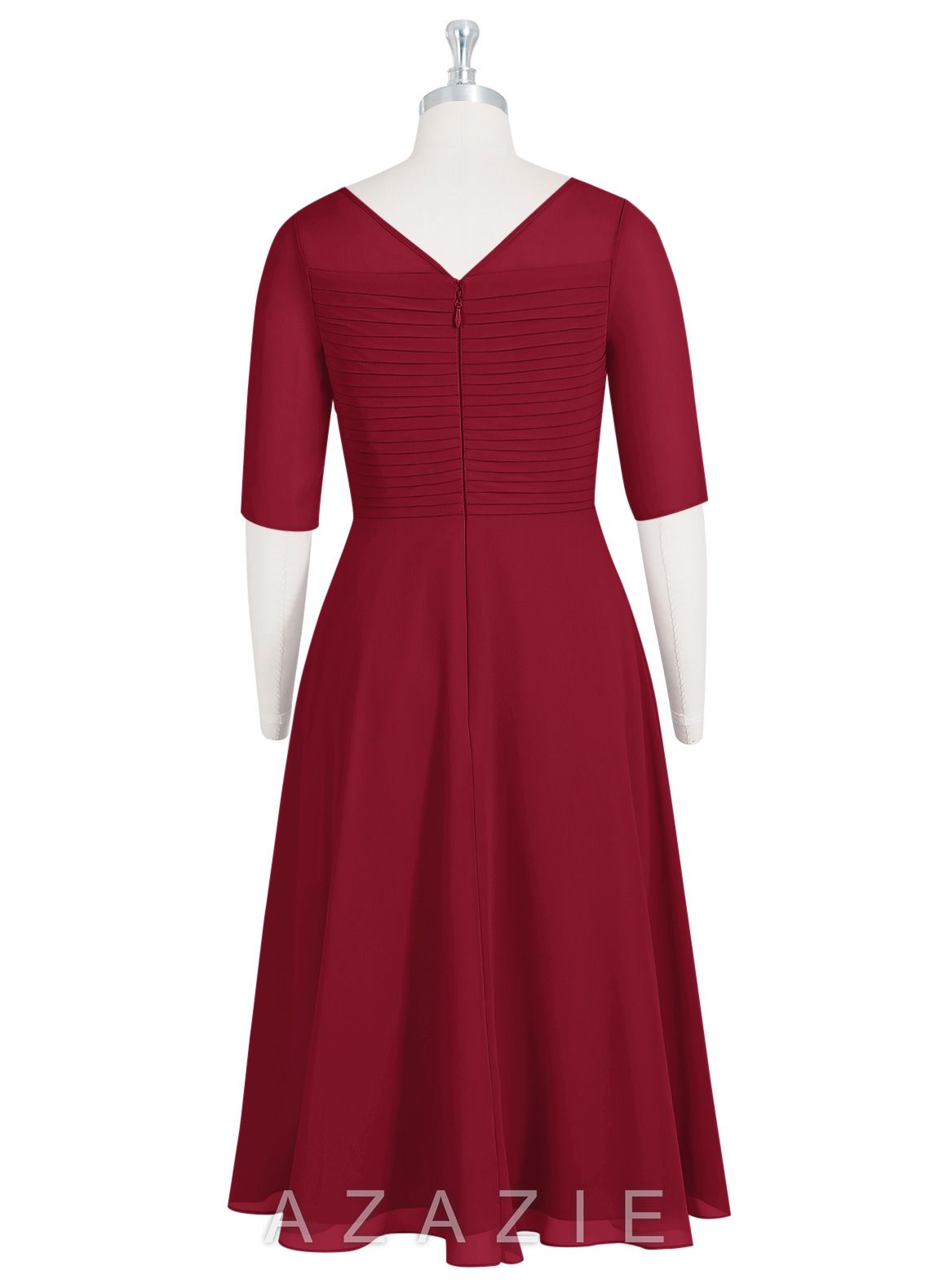 Azazie Naomi Burgundy A-Line Boatneck Pleated Chiffon Dress burgundy