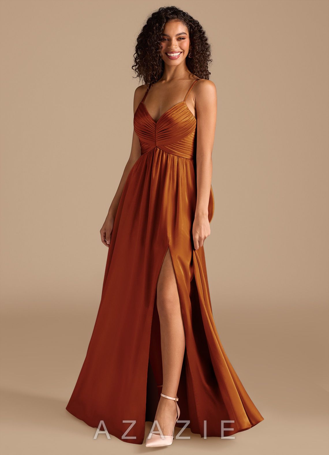 Azazie Alia Auburn A-Line Pleated Metallic Satin Dress auburn