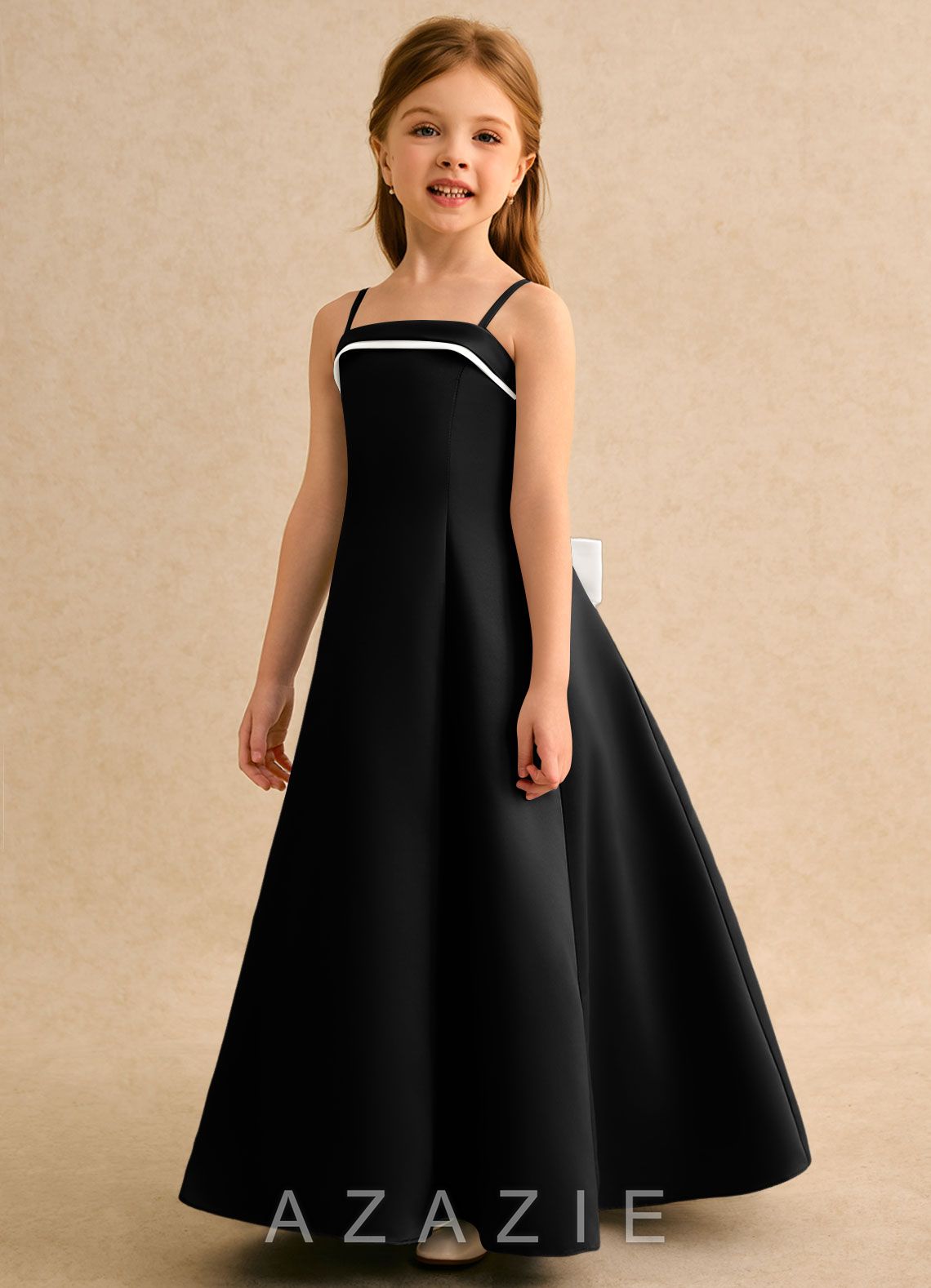 Azazie Izel Girls Formal Ivory Black A-Line Pleated Matte Satin Dress ivory/black
