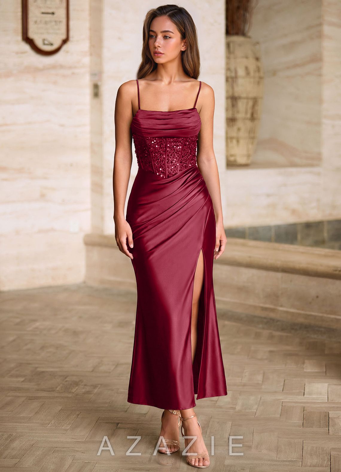 Viviannella Burgundy Sequin Embroidery Stretch Satin Wedding Guest