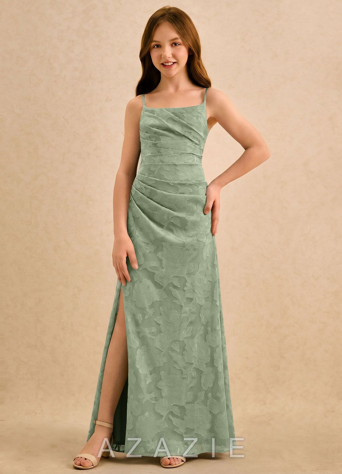 Azazie Cannoli Girls Formal Dusty Sage A-Line Pleated Floral Burnout Dress dusty_sage