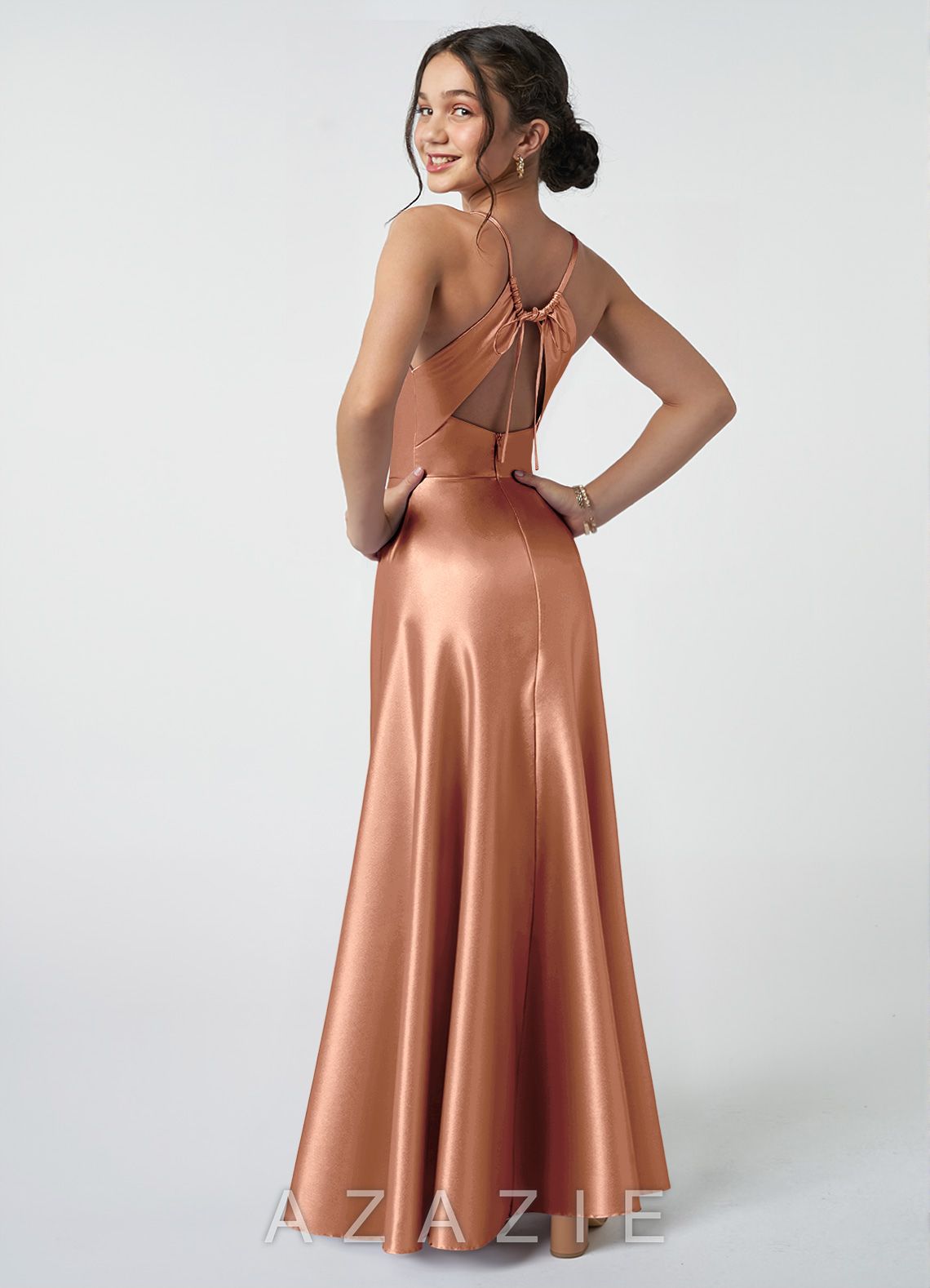 Azazie Avelina Junior Bronzer A-Line Pleated Metallic Satin Dress bronzer