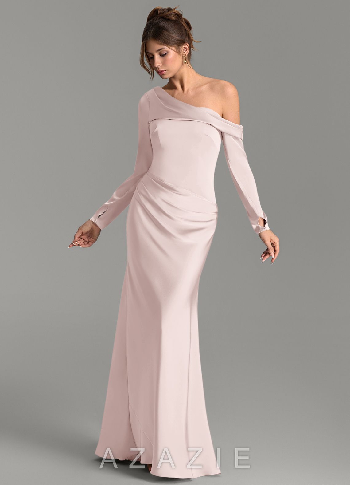 Azazie Sandra Blushing Pink Mermaid Long Sleeve Stretch Satin Dress blushing_pink