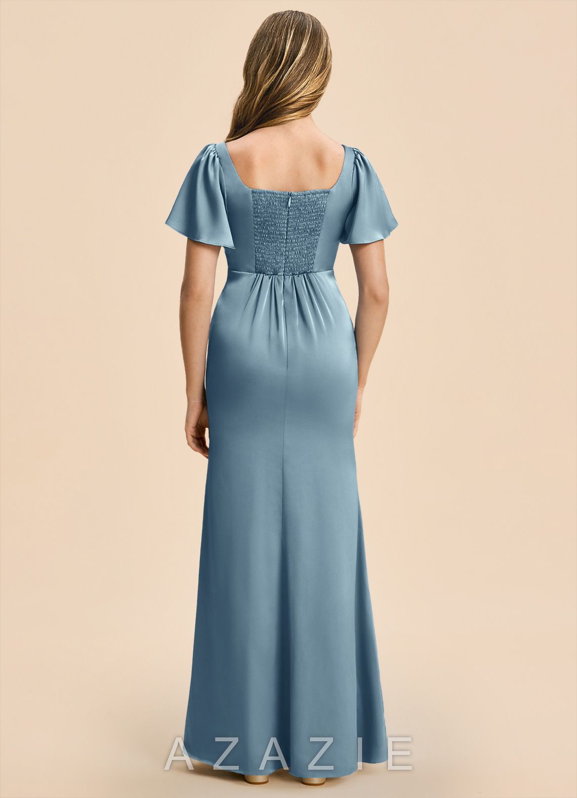Azazie Chace Junior Dusty Blue Sheath Stretch Satin Dress dusty_blue