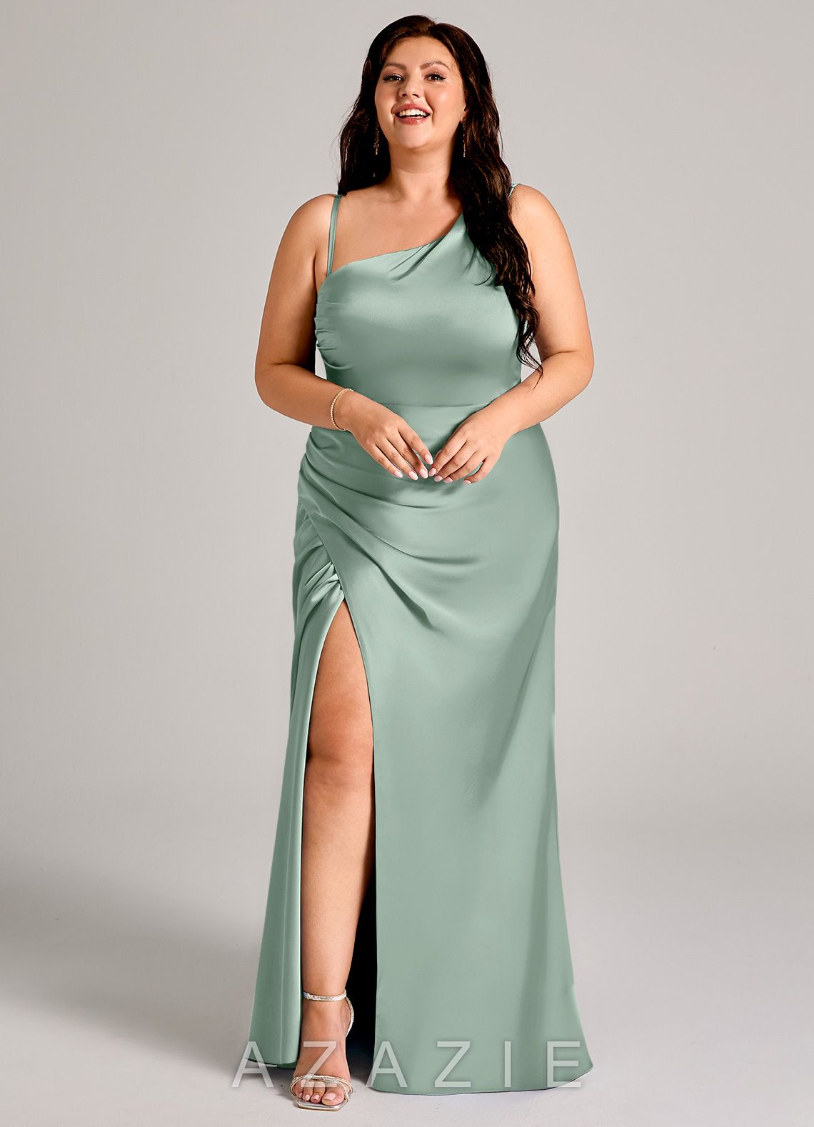 Azazie Madelyn Agave Mermaid One Shoulder Stretch Satin Convertible Dress agave