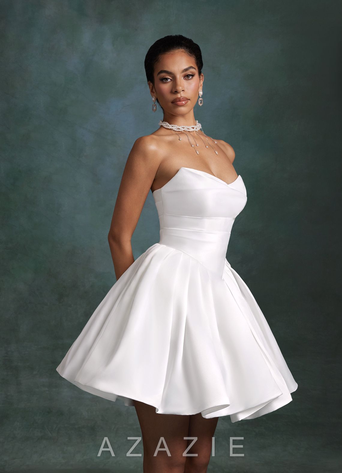 Azazie Daivey Diamond White Ball-Gown Strapless Matte Satin Dress