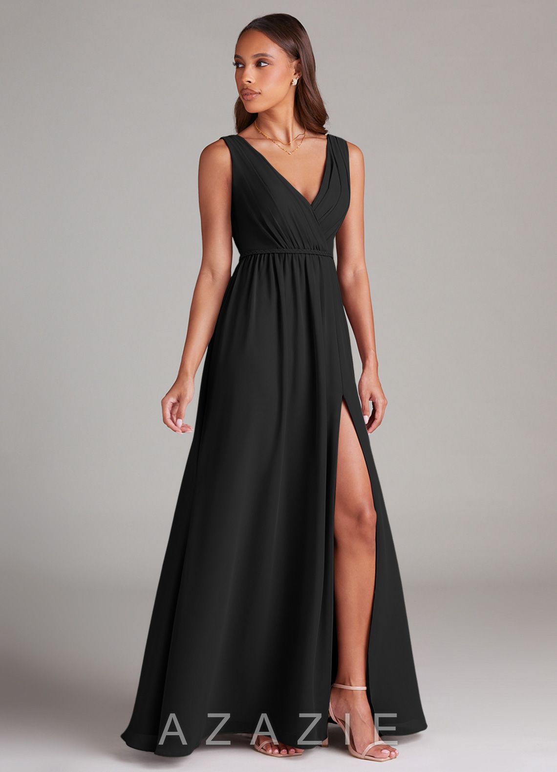 Azazie Tanicia Black A-Line Pleated Chiffon Dress black