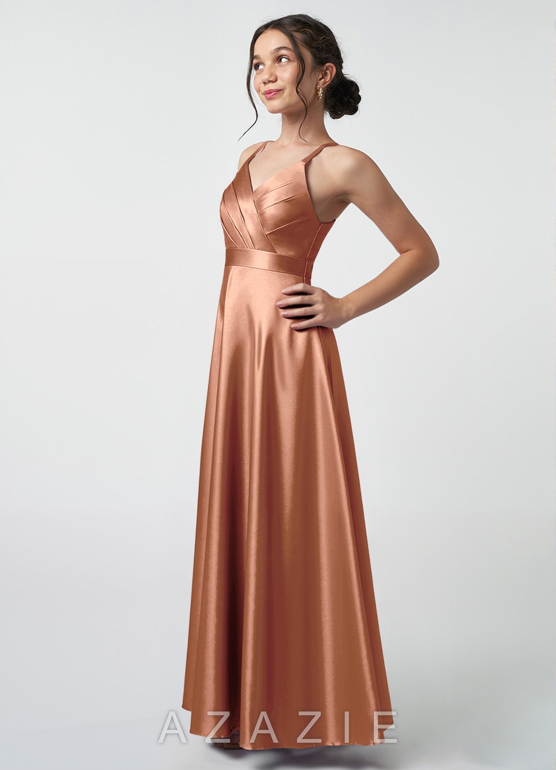 Azazie Avelina Junior Bronzer A-Line Pleated Metallic Satin Dress bronzer