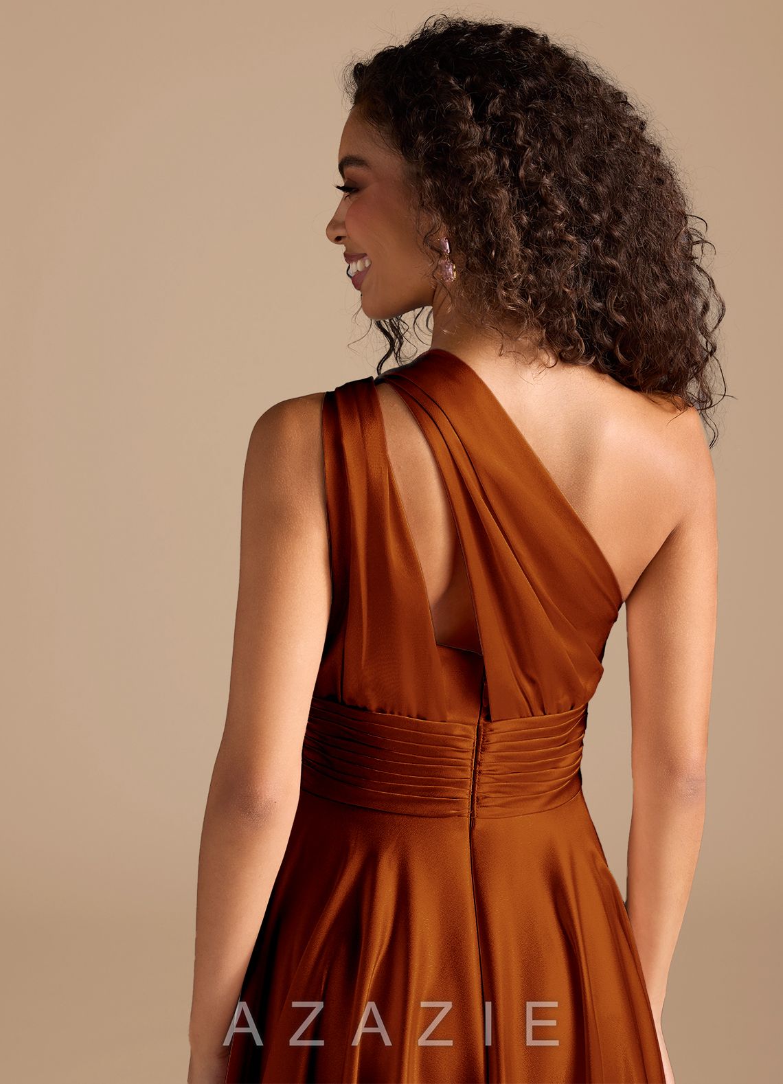 Azazie Charlize Auburn A-Line One Shoulder Metallic Satin Dress auburn