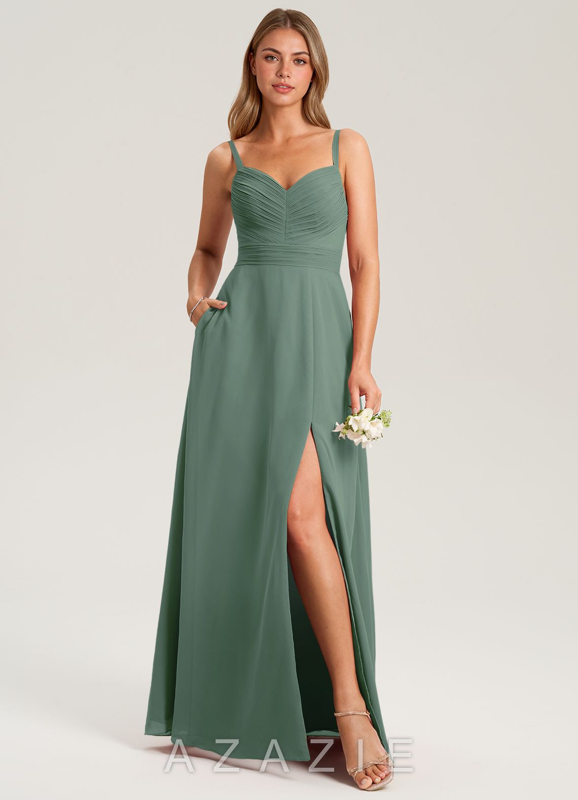 Azazie Terese Eucalyptus A-Line Pleated Chiffon Dress eucalyptus
