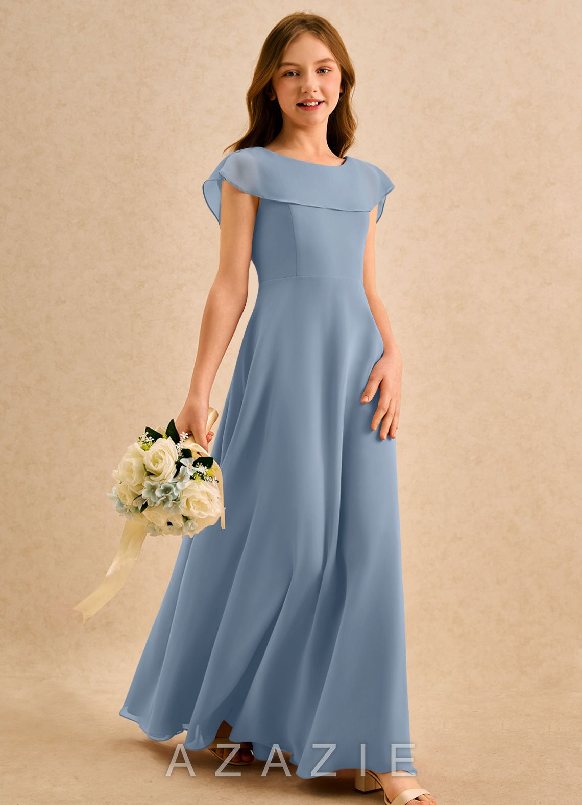 Azazie Kittie Girls Formal Dusty Blue A-Line Chiffon Dress dusty_blue