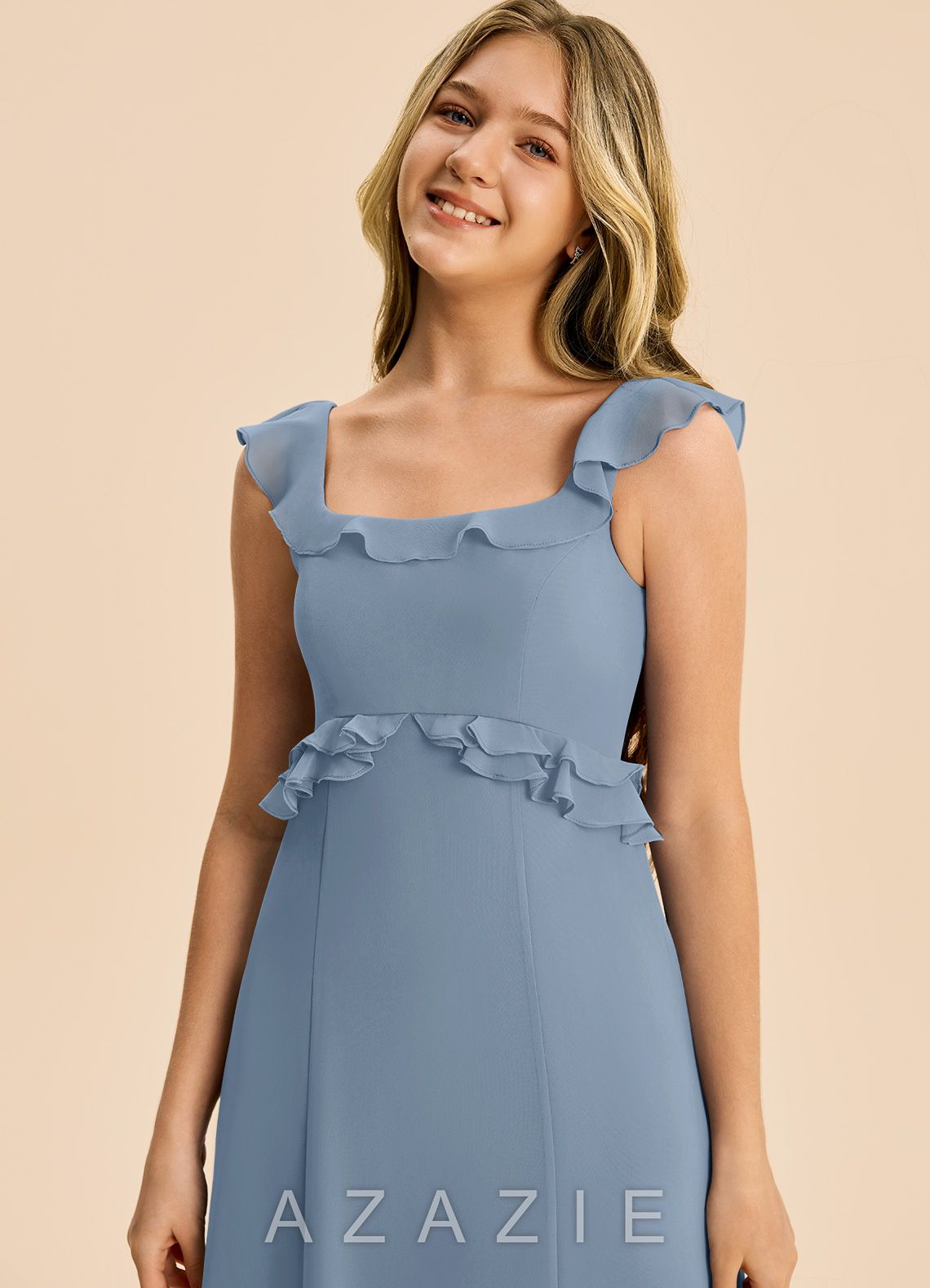 Azazie Mimi Junior Dusty Blue A-Line Ruched Chiffon Dress dusty_blue