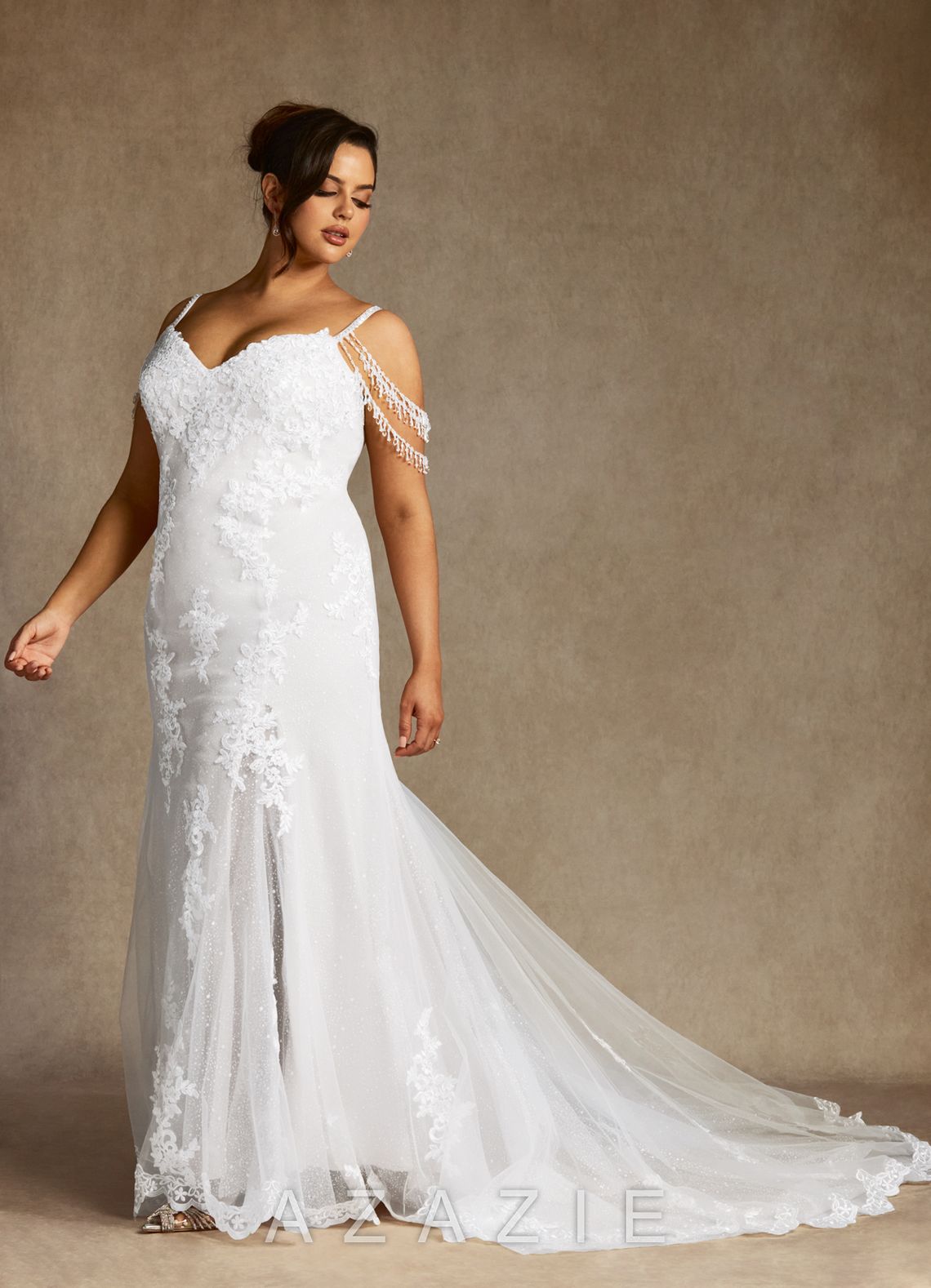 Azazie Saskia Wedding Dress Diamond White Mermaid Sequins Tulle Dress diamond_white