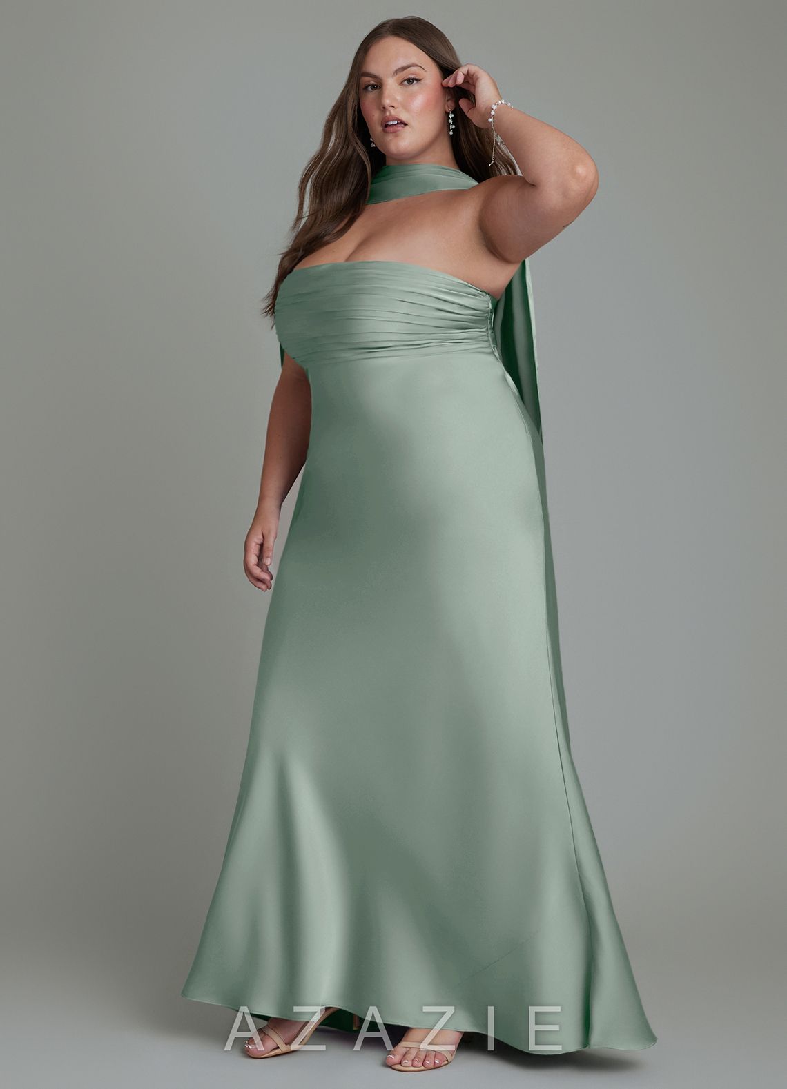 Azazie Saylor Agave Mermaid Strapless Stretch Satin Dress agave