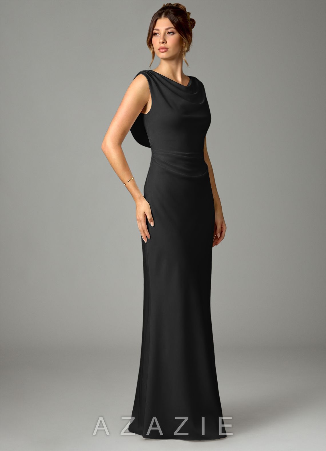 Azazie Kieryn Black Mermaid Pleated Stretch Satin Dress black