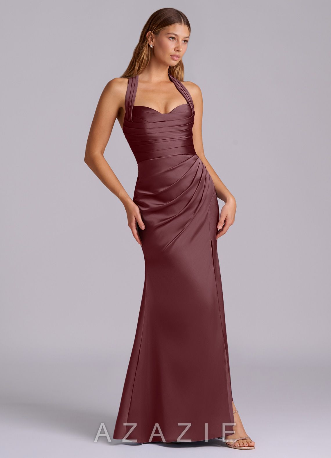 Azazie Destiny Sangria Mermaid Sweetheart Neckline Stretch Satin Dress sangria
