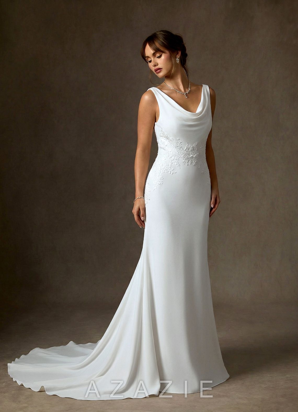 Azazie Maxine Diamond White Sheath Crepe Back Satin Dress diamond_white