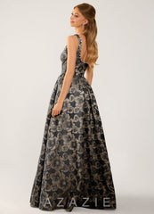 Cimaya Black Square-Neck Jacquard Prom Dress