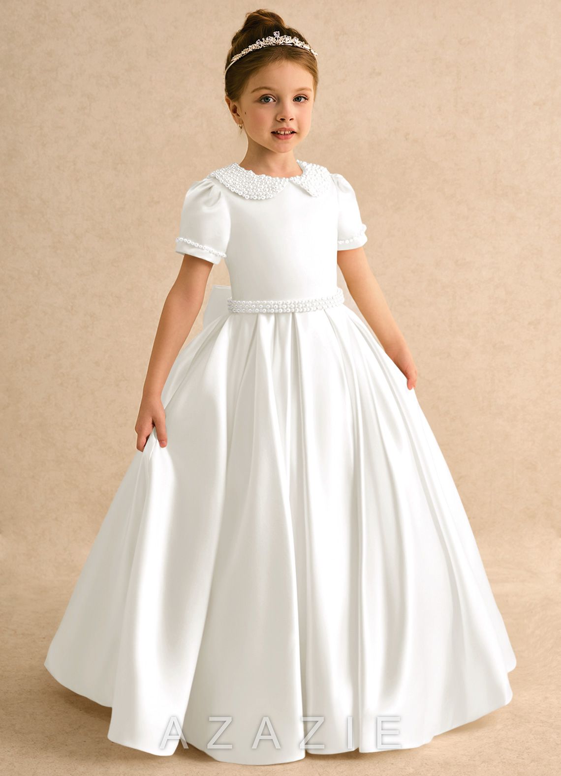 Azazie Gabriella Ivory Ball-Gown with Sleeves Matte Satin Dress ivory