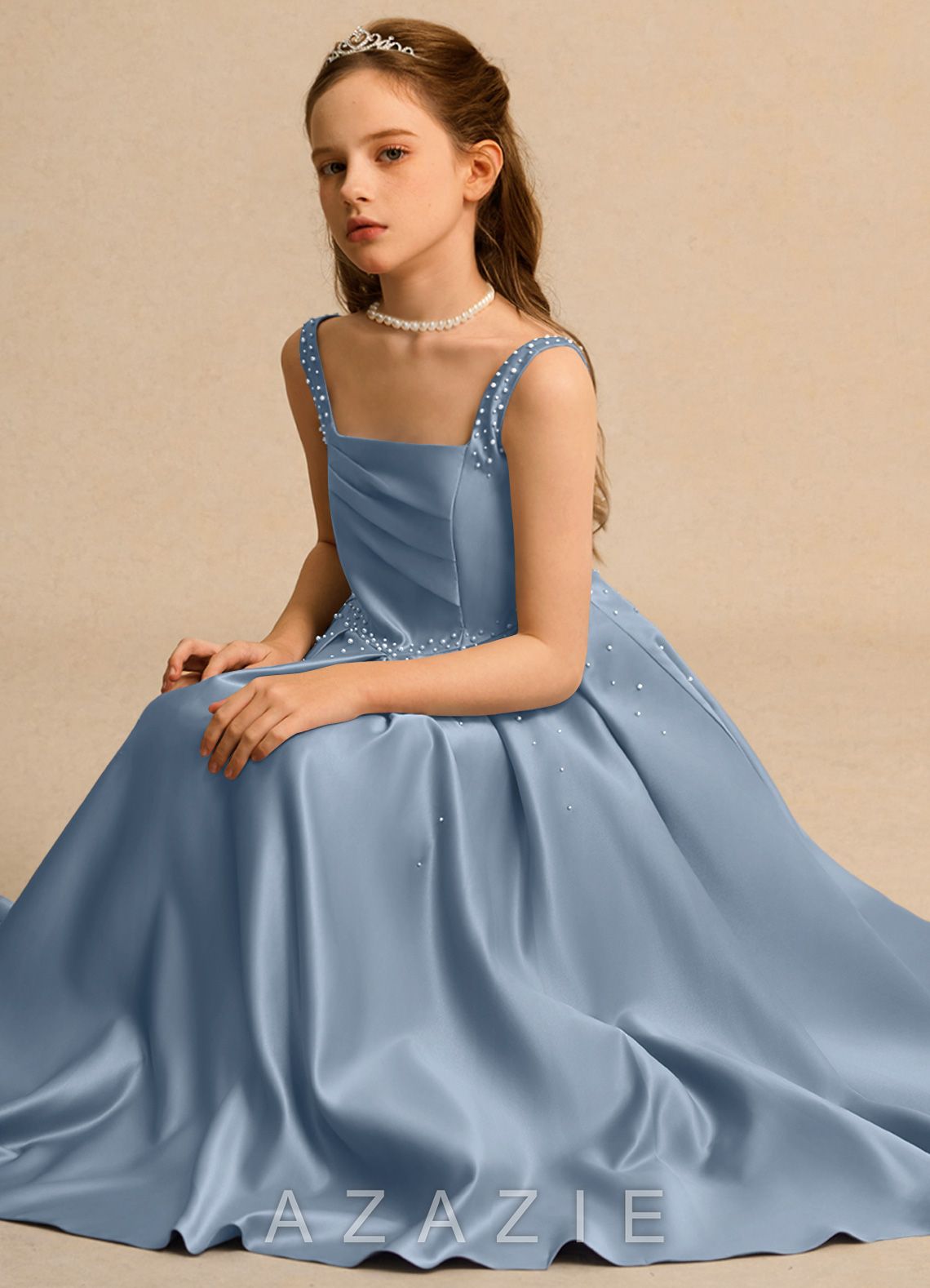 Azazie Mochi Girls Formal Dusty Blue Ball-Gown Pleated Matte Satin Dress dusty_blue