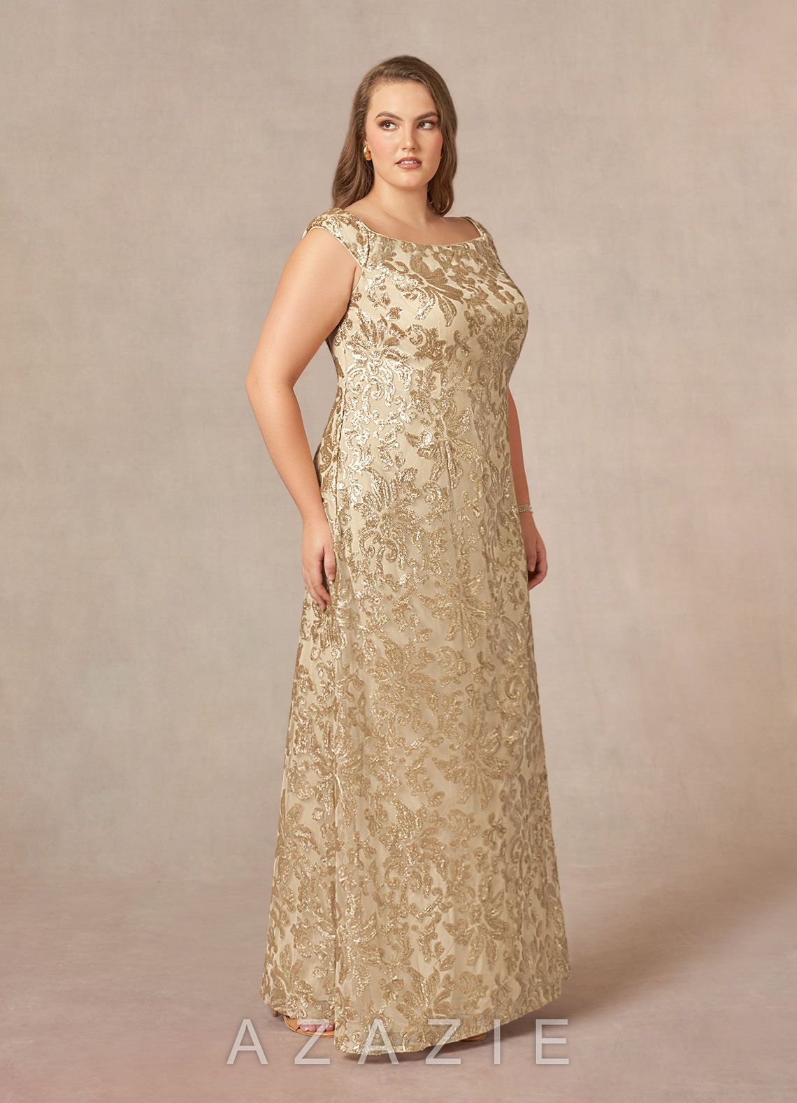 Azazie Porcelain Champagne A-Line Off the Shoulder Lace Dress champagne