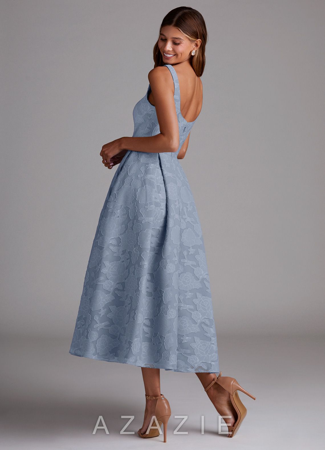 Azazie Amalie Dusty Blue A-Line Pleated Floral Burnout Dress dusty_blue