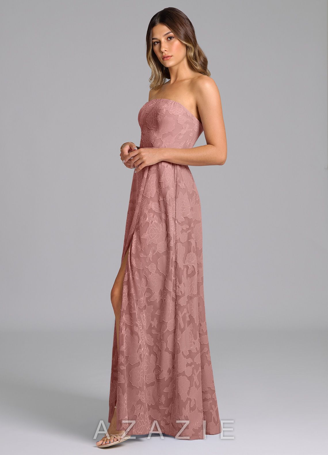 Azazie Wren Dusty Rose A-Line Strapless Floral Burnout Dress dusty_rose