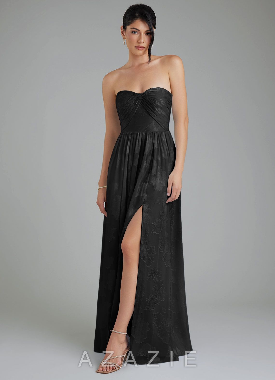 Azazie Helena Black A-Line Strapless Floral Jacquard Burnout Convertible Dress black