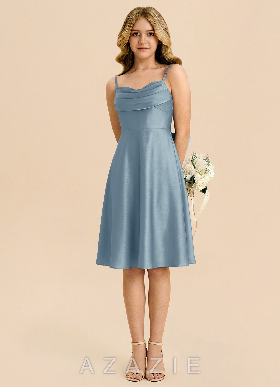 Azazie Bear Junior Dusty Blue A-Line Sweetheart Neckline Stretch Satin Dress dusty_blue