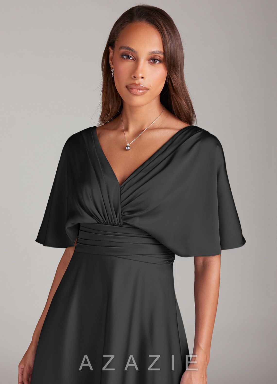 Azazie Pamela Black A-Line Pleated Stretch Satin Dress black