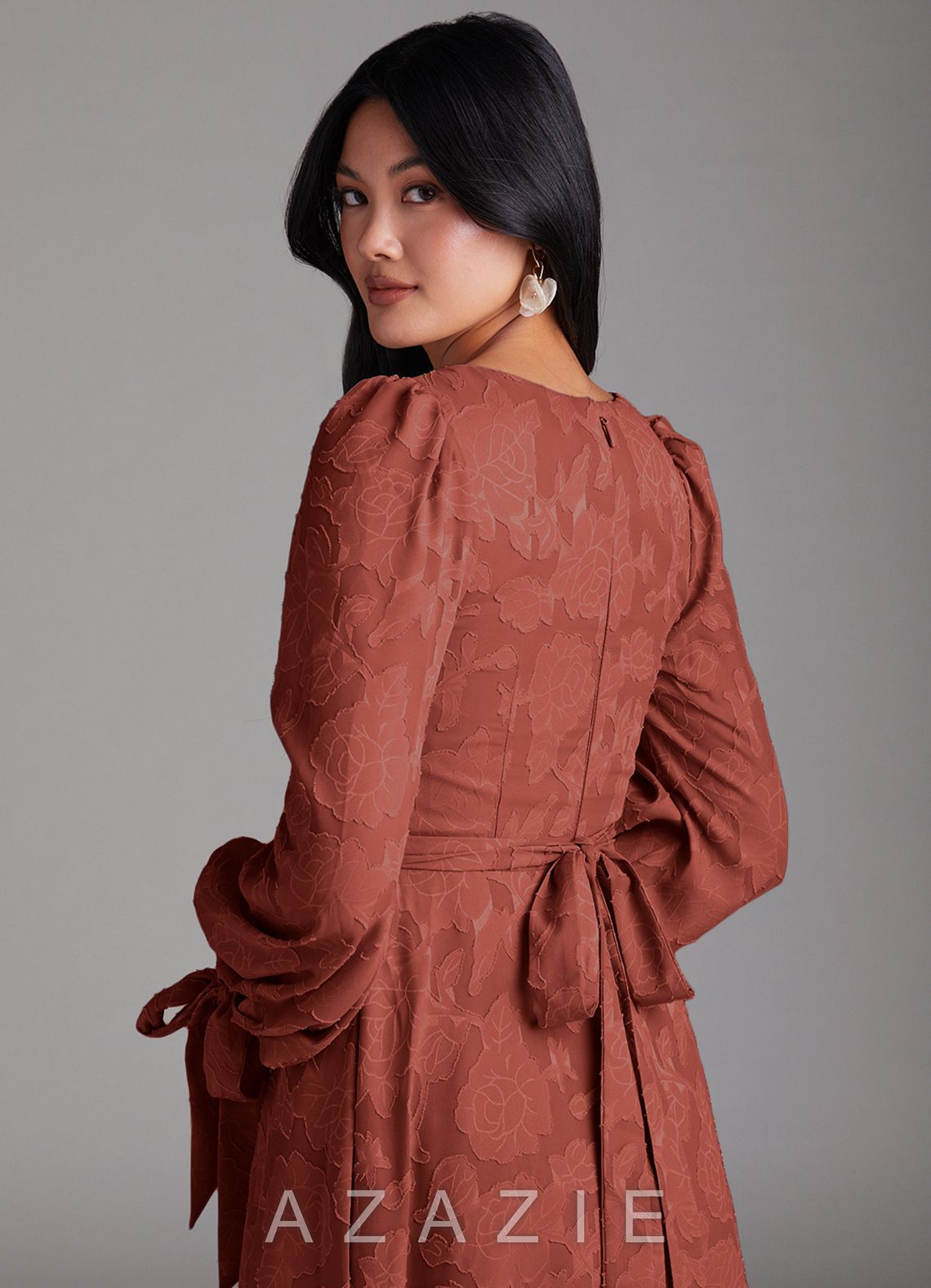 Azazie Leonia Terracotta A-Line Long Sleeve Floral Burnout Dress terracotta
