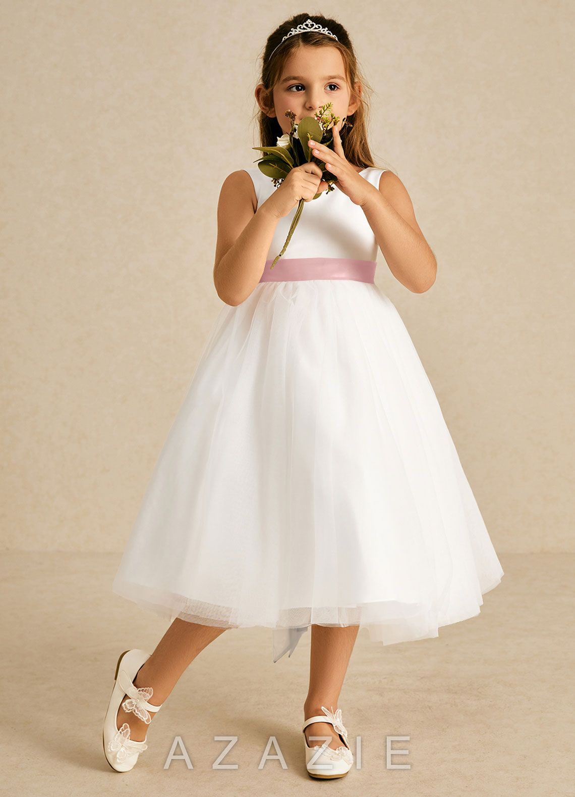 Azazie Kavi Ivory Dusty Rose A-Line Bow Matte Satin Dress ivory/dusty_rose