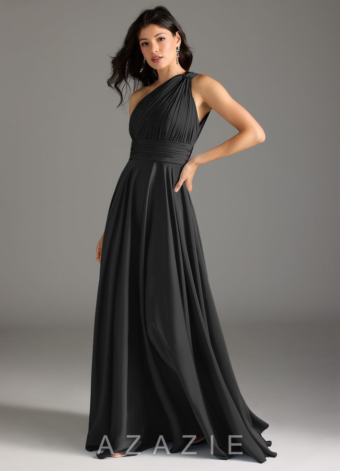 Azazie Charlize Black A-Line One Shoulder Stretch Satin Dress black