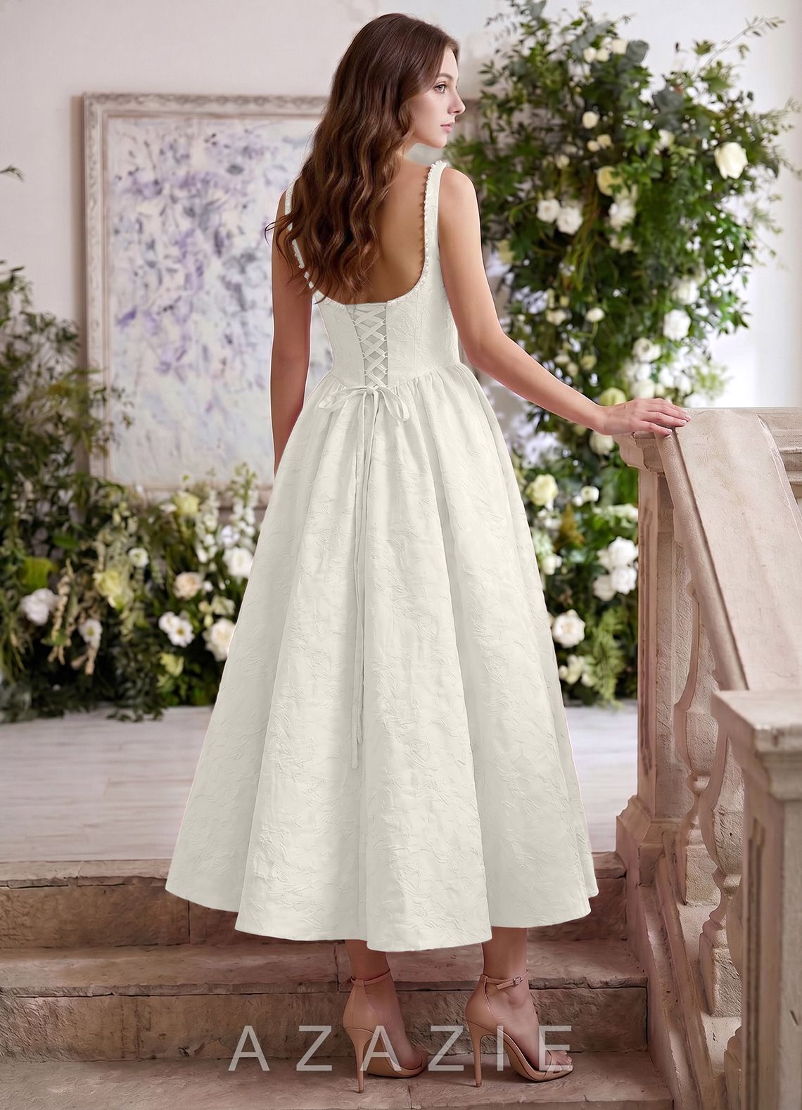Sephone Cream Beading Rhinestone Jacquard Maxi Dress