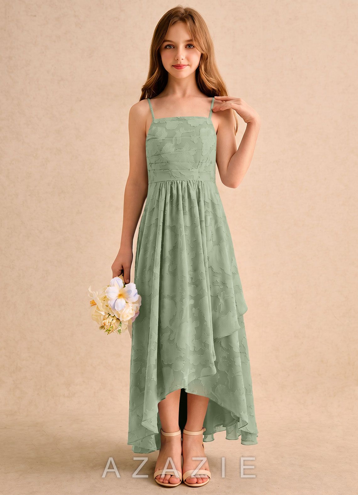 Azazie Twilight Girls Formal Dusty Sage A-Line Pleated Floral Burnout Dress