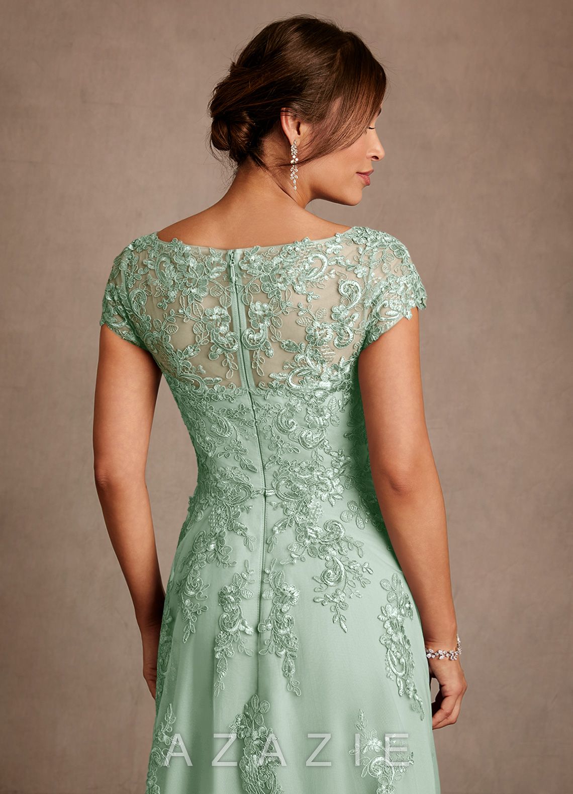 Azazie Jalinda Agave A-Line Lace Chiffon Dress agave