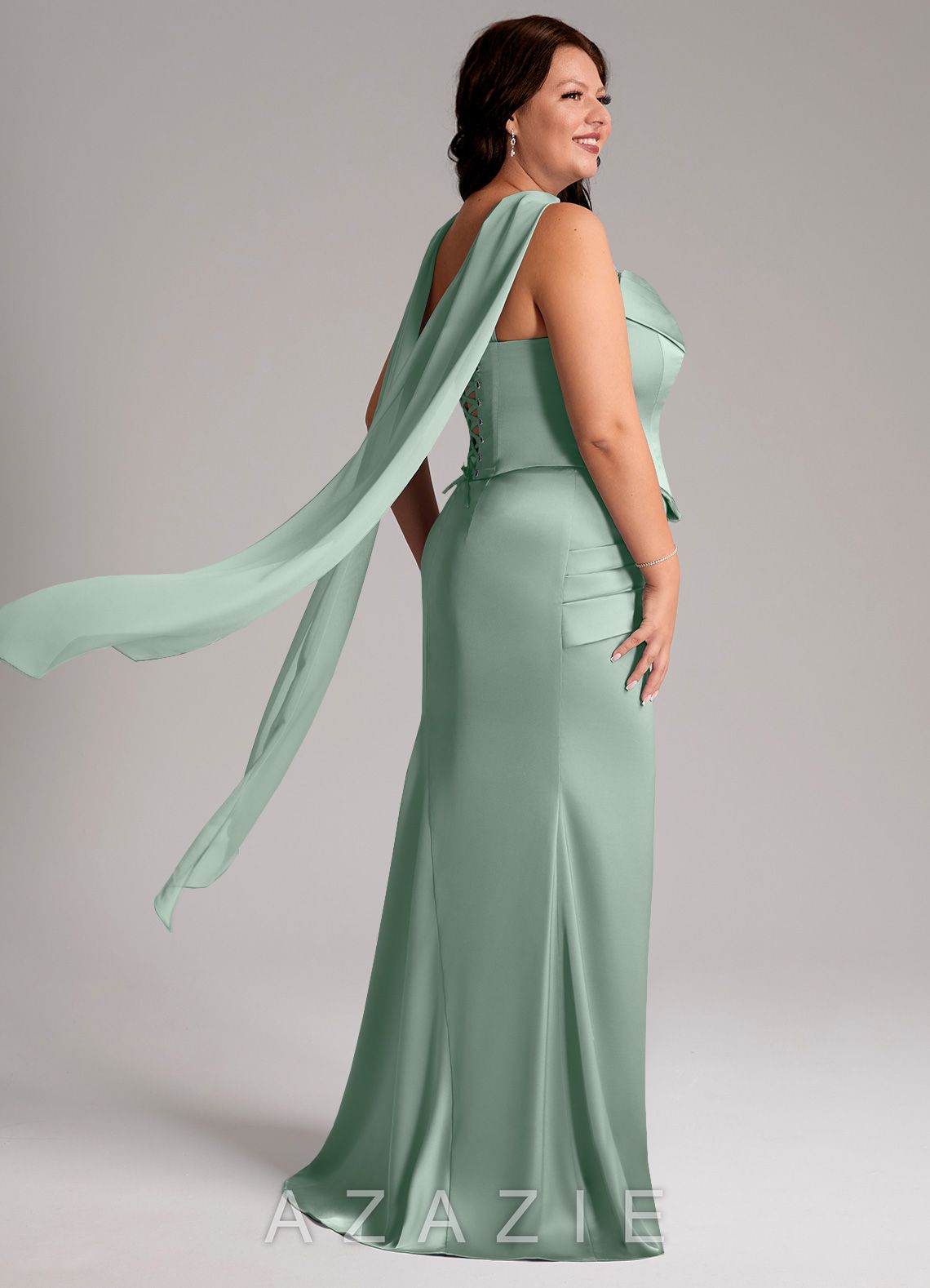 Azazie Sorrel Agave Mermaid Strapless Stretch Satin Convertible Dress agave