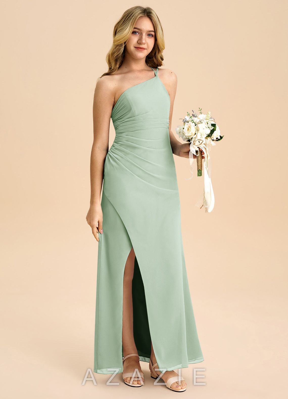 Azazie Eren Junior Agave Sheath Pleated Chiffon Dress agave