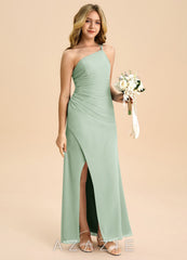 Azazie Eren Junior Agave Sheath Pleated Chiffon Dress agave