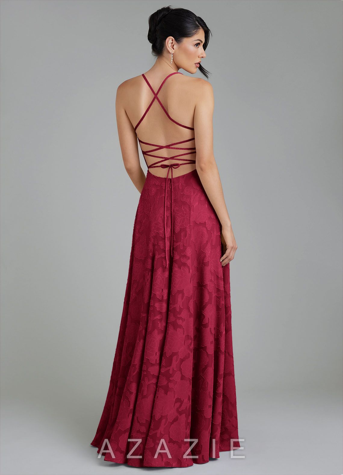 Azazie Tatum Burgundy A-Line Corset Floral Burnout Dress burgundy