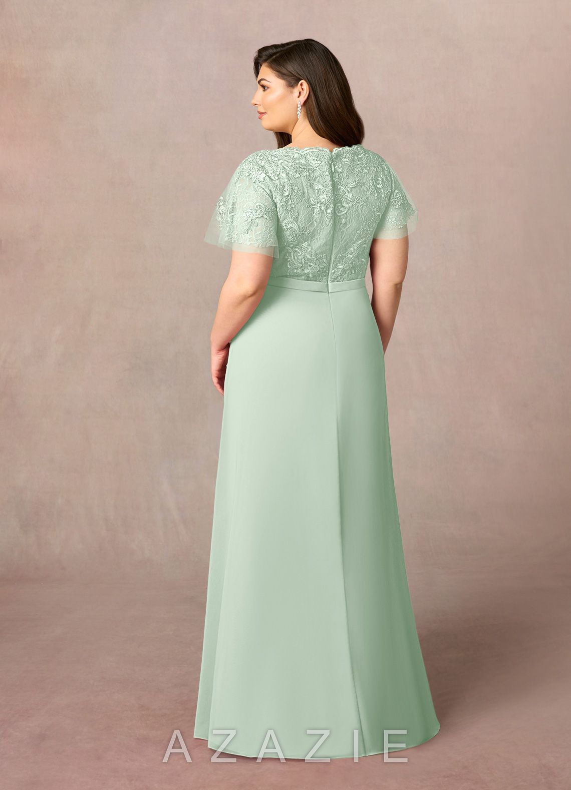 Azazie Singer Agave A-Line V-Neck Lace Chiffon Dress agave