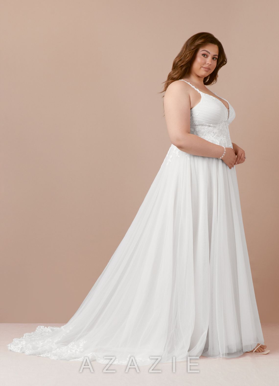 Azazie Devi Wedding Dress Diamond White A-Line V-Neck Lace Tulle Dress diamond_white