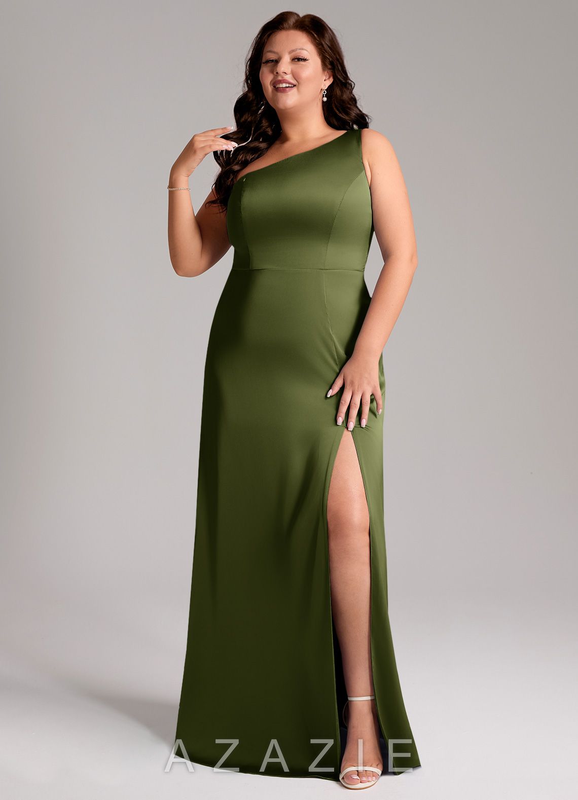 Azazie Phaedra Olive A-Line One Shoulder Stretch Satin Dress olive