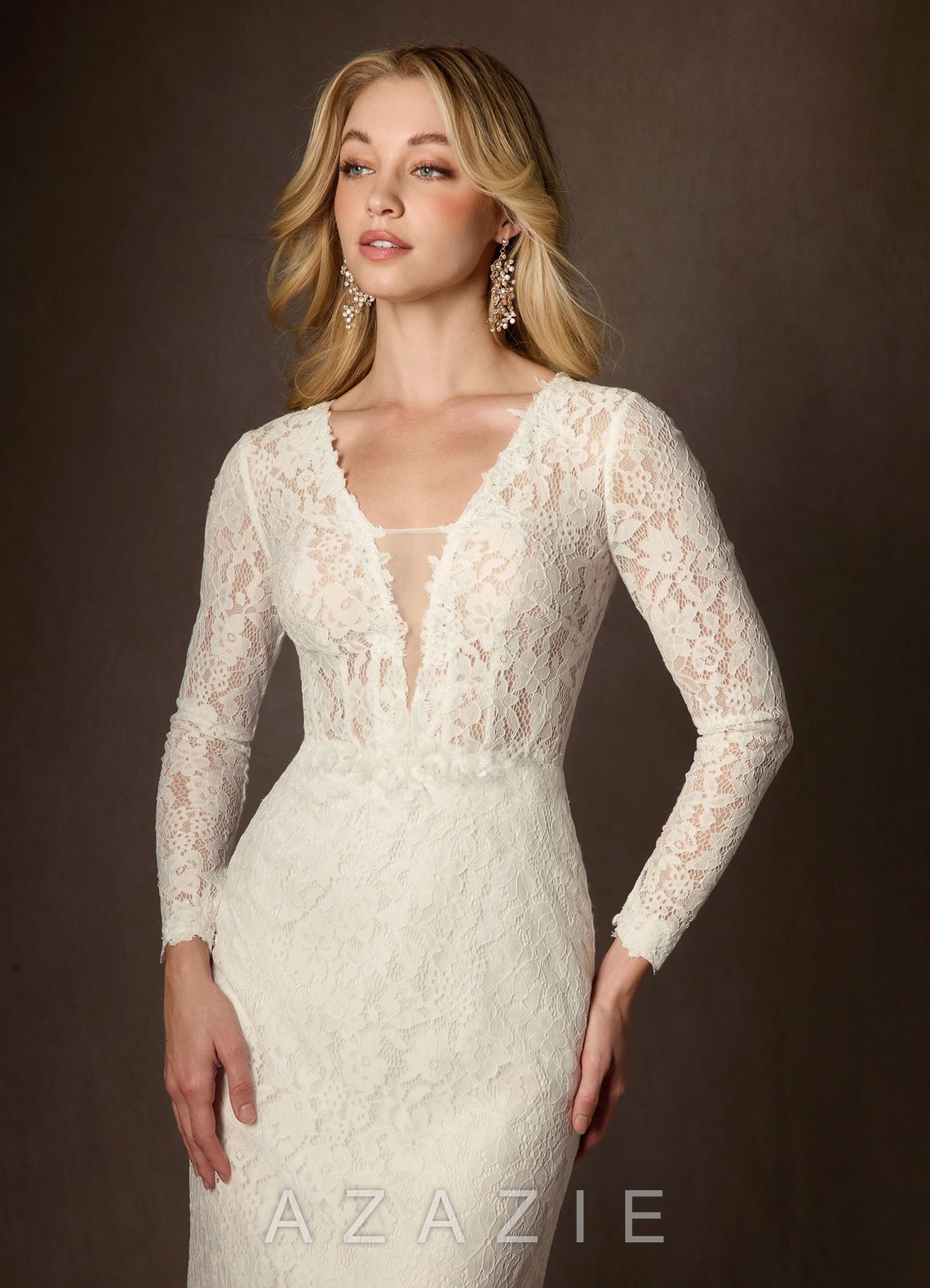 Azazie Indie Wedding Dress Cream Sheath V-Neck Tulle Dress cream