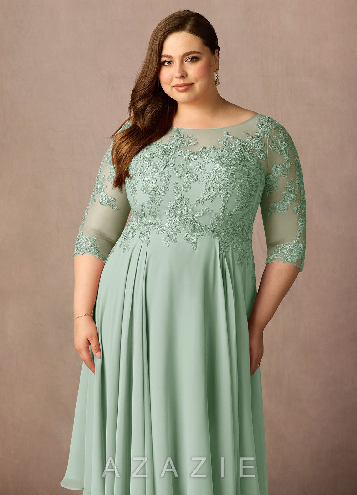 Azazie Marge Agave A-Line Scoop Lace Chiffon Dress agave