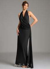 Azazie Nakia Black Sheath Pleated Premium Stretch Jersey Dress