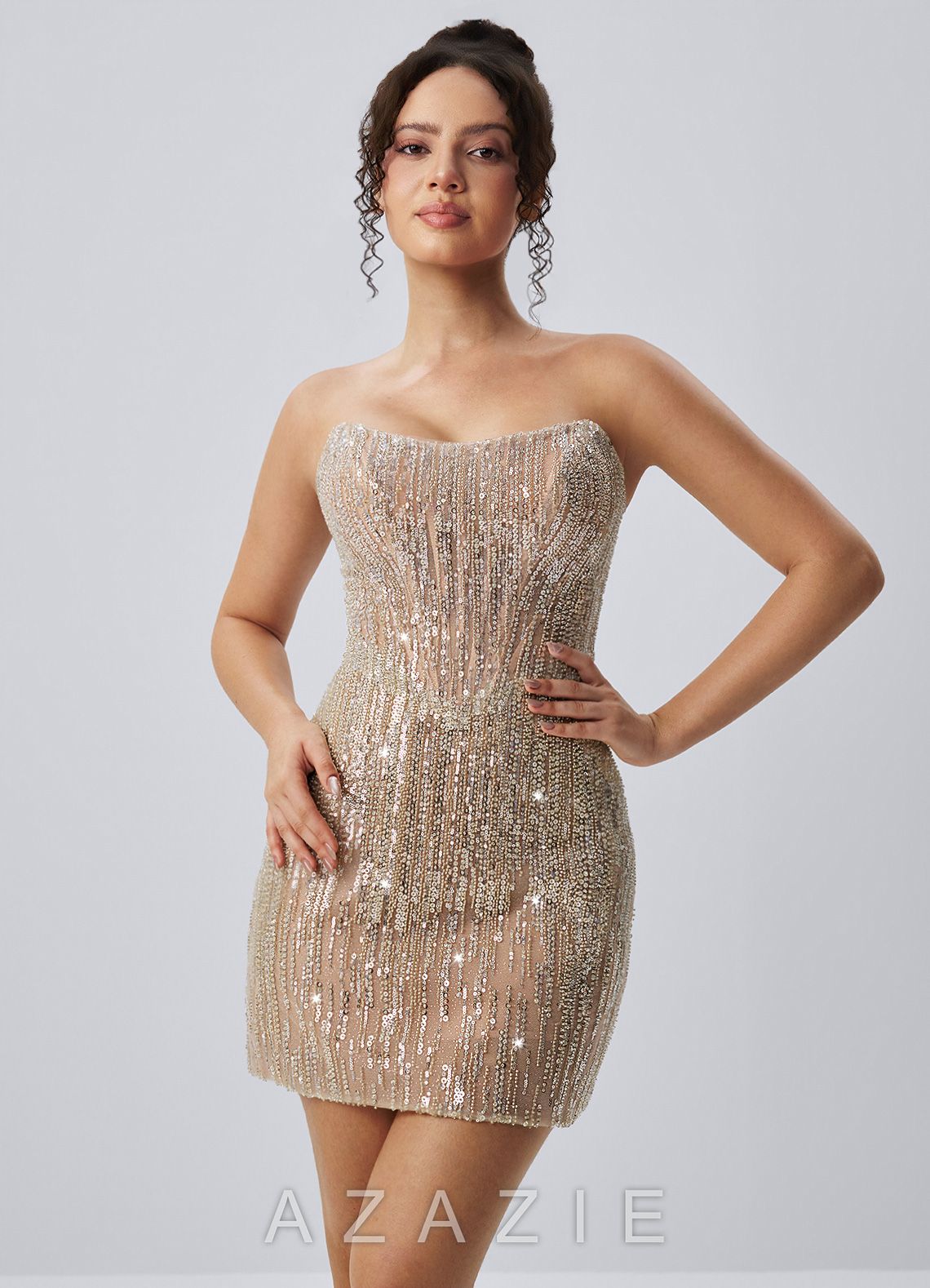 Lorraine Champagne Strapless Vertical Sequin Corset Lace-Up Mini Dress