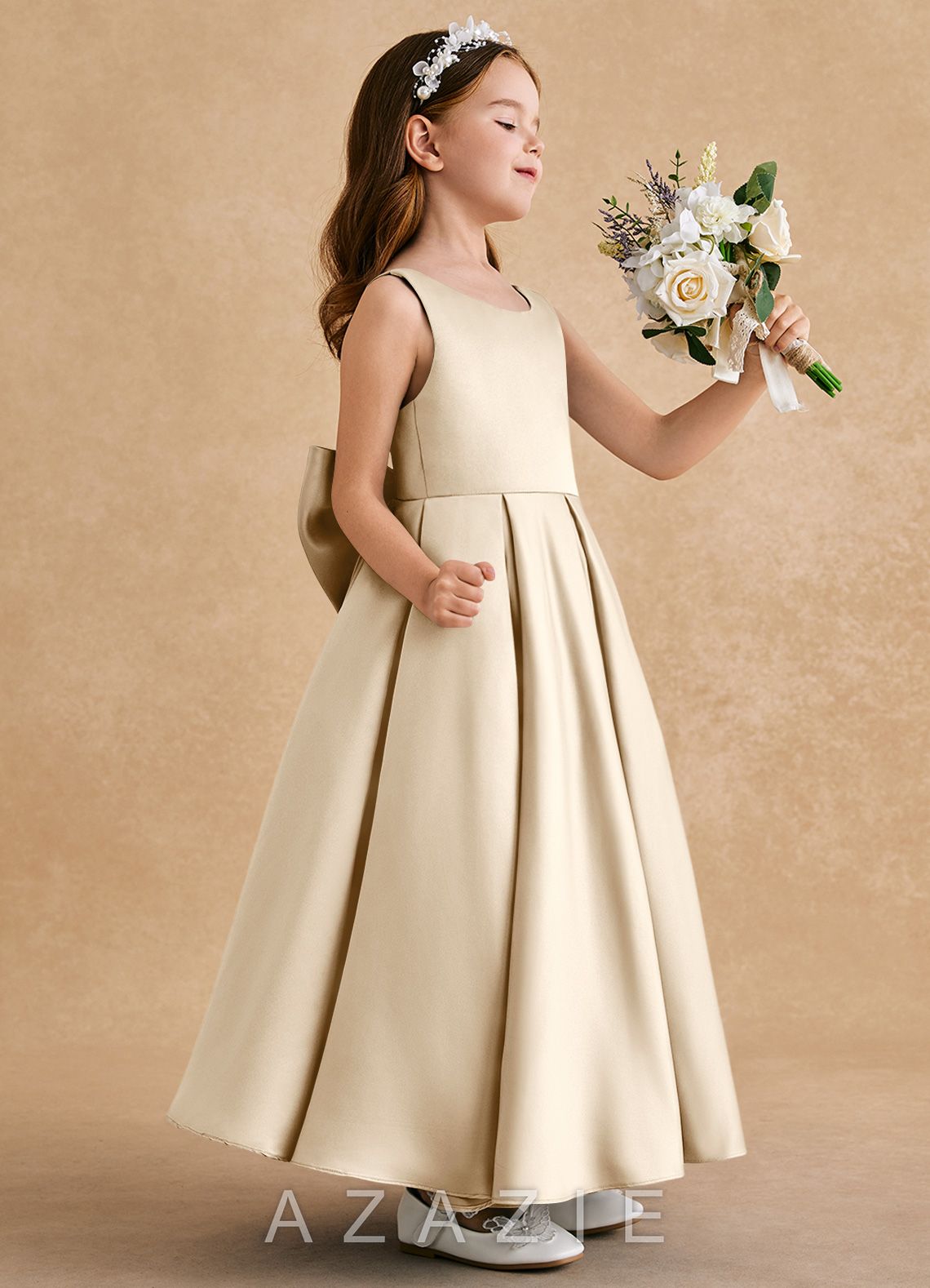 Azazie Honey Bear Champagne A-Line Pleated Matte Satin Dress champagne