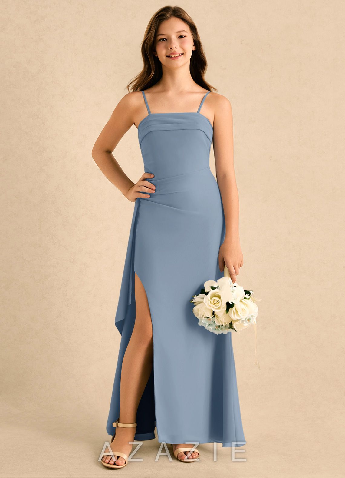 Azazie Jennie Girls Formal Dusty Blue A-Line Pleated Chiffon Dress